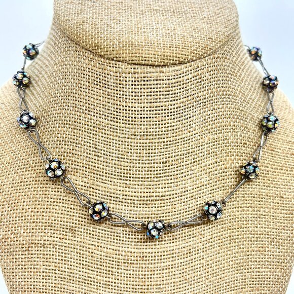 vintage Jewelry - VINTAGE AB Aurora Borealis Crystal Disco Ball Necklace Gunmetal Station Choker